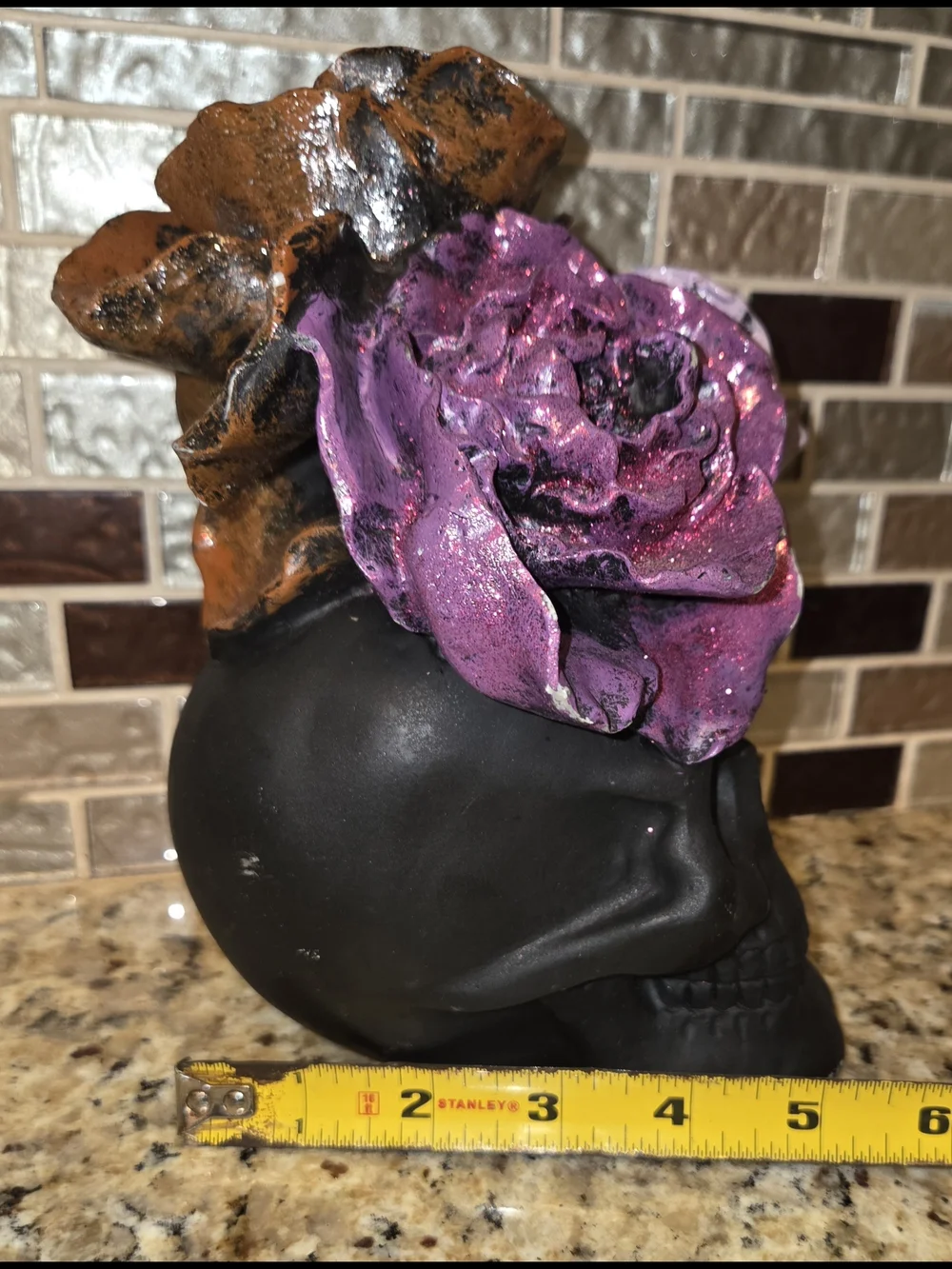 Black Resin Decorative Halloween Skull with Purple Lavender & Orange Flowers